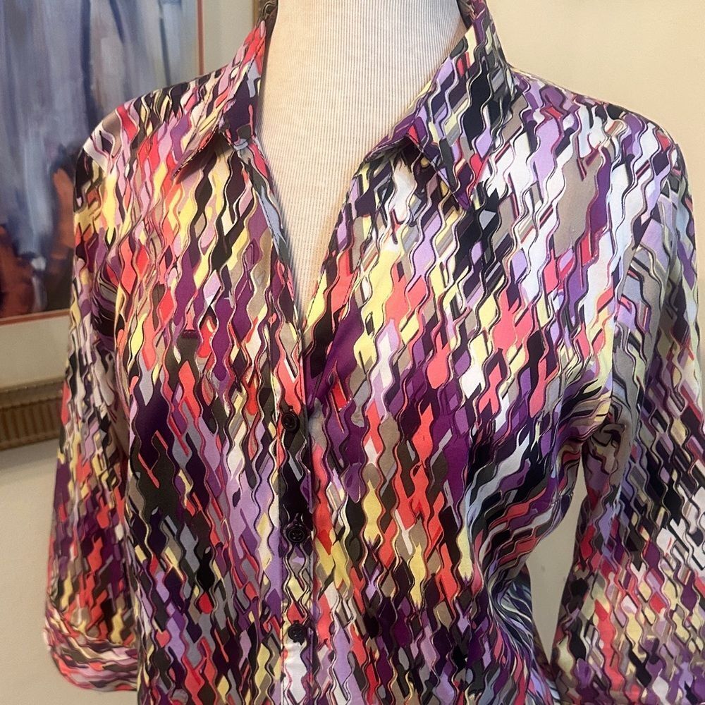 Dana Buchman Multicolor Patterned Button Down Top… - image 2